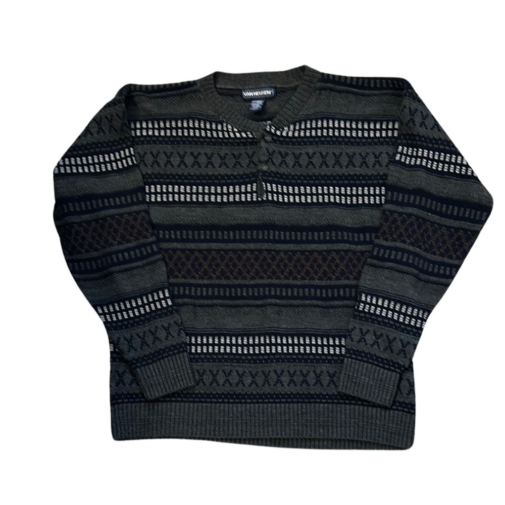 Van Heusen VTG Cozy Grunge Outdoorsy Grandpacore Black&GrayCrewneck Sweater SzXL